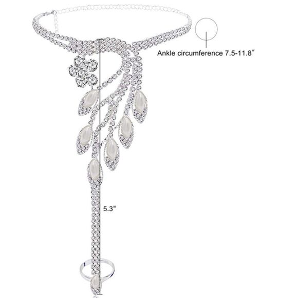 Silver and Diamond Austrian Crystal Pearl Art Deco Anklet Foot Chains - Set of 2 - Picture 6 of 6